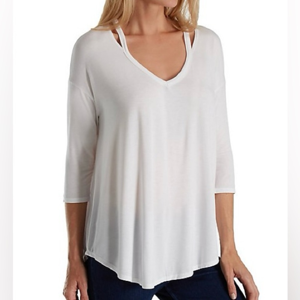 Michael Stars White Jersey Knit V-Neck Blouse One Size